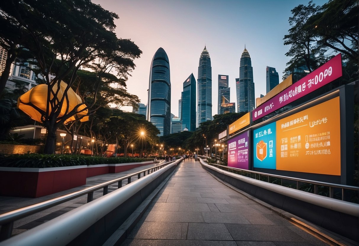 A vibrant cityscape with iconic Singapore landmarks and promotional banners for luge activities