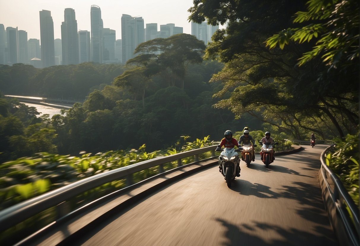 Riders zoom down the winding track, surrounded by lush greenery and the iconic Singapore skyline in the background. The sun shines brightly, casting long shadows as the luge twists and turns through the landscape