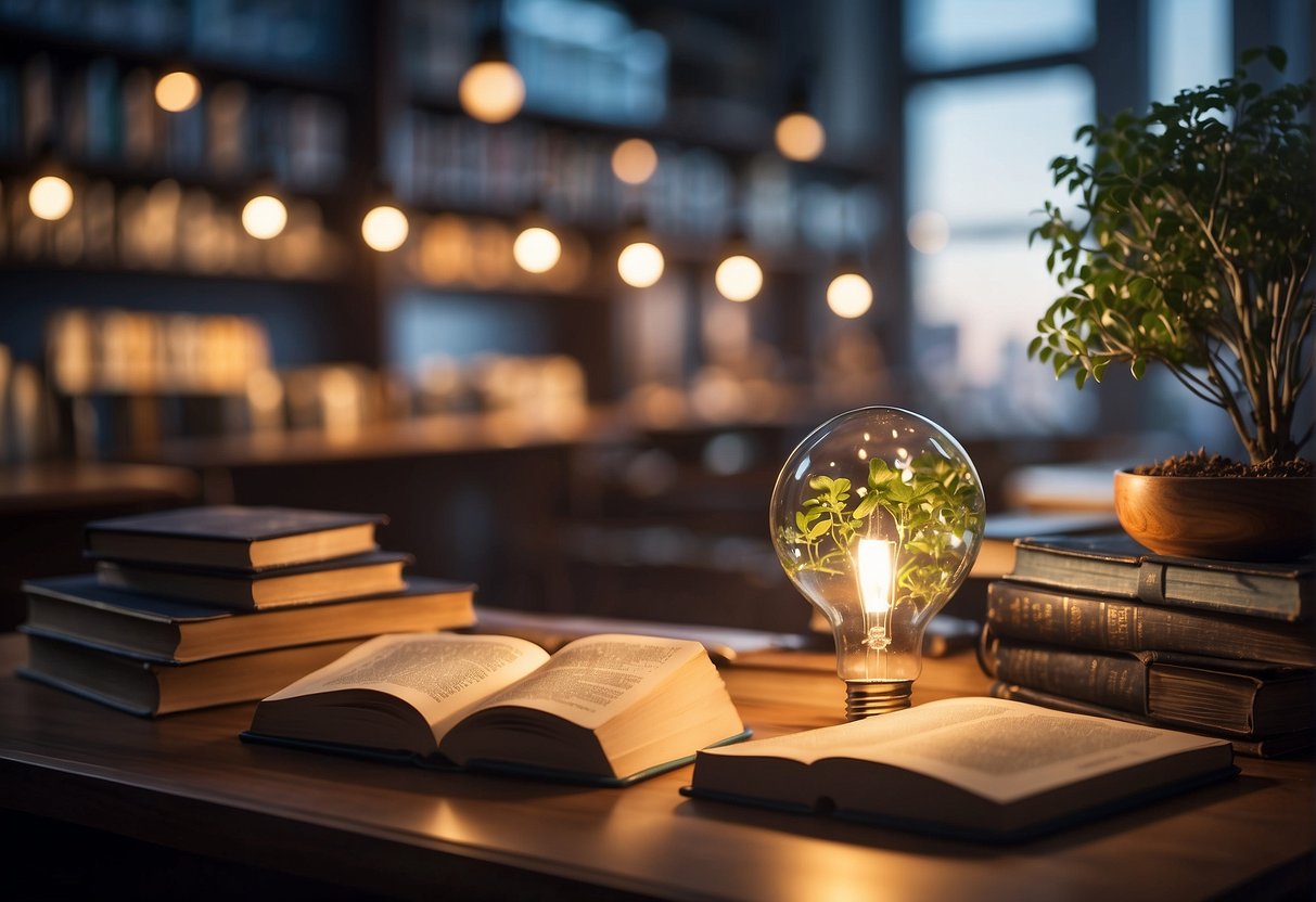 A classroom filled with books, a glowing lightbulb symbolizing education, and a serene garden representing well-being, all surrounded by a futuristic cityscape