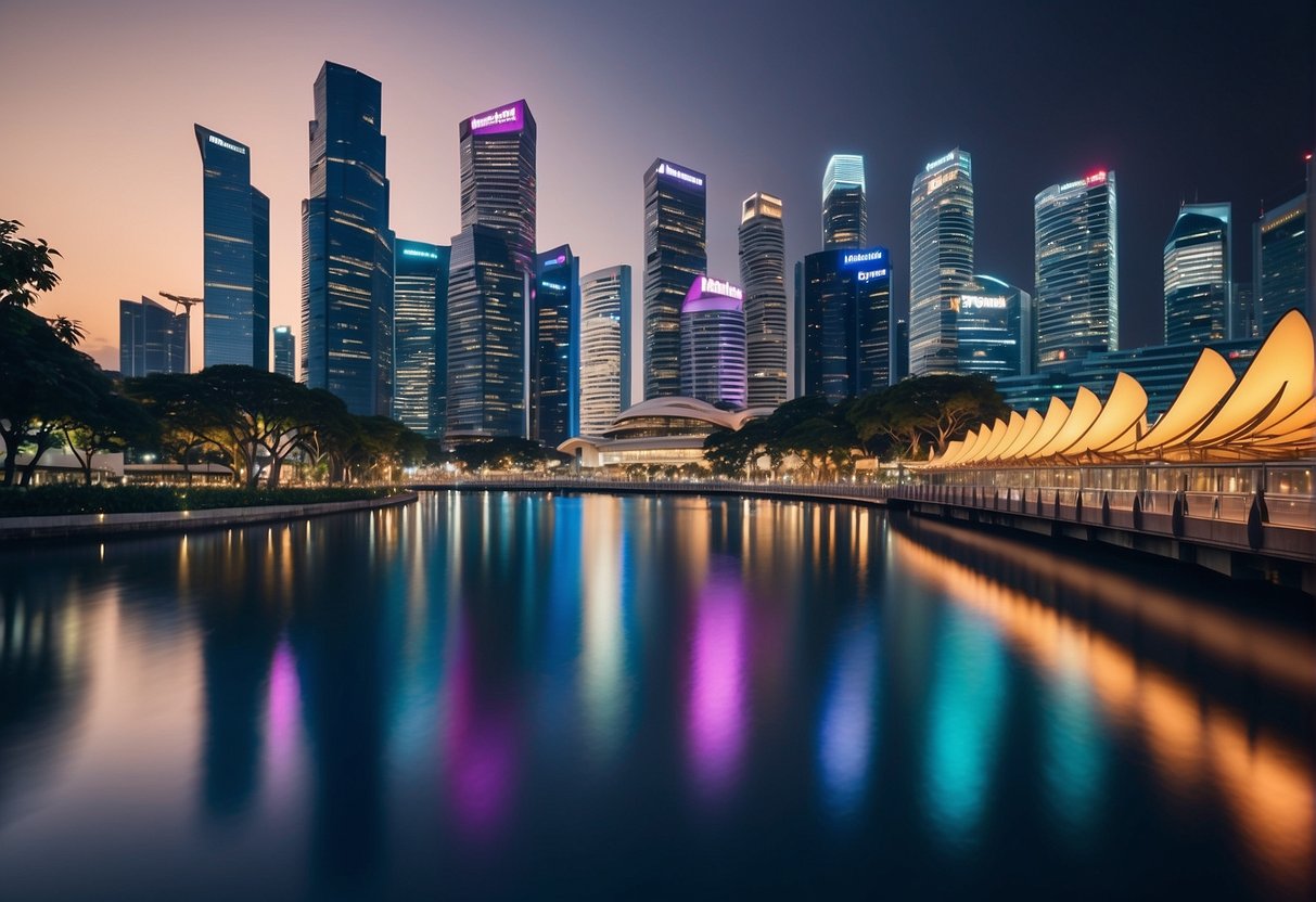 A vibrant cityscape of Singapore with prominent Metrobank Travel Platinum Visa promotions displayed in the bustling streets
