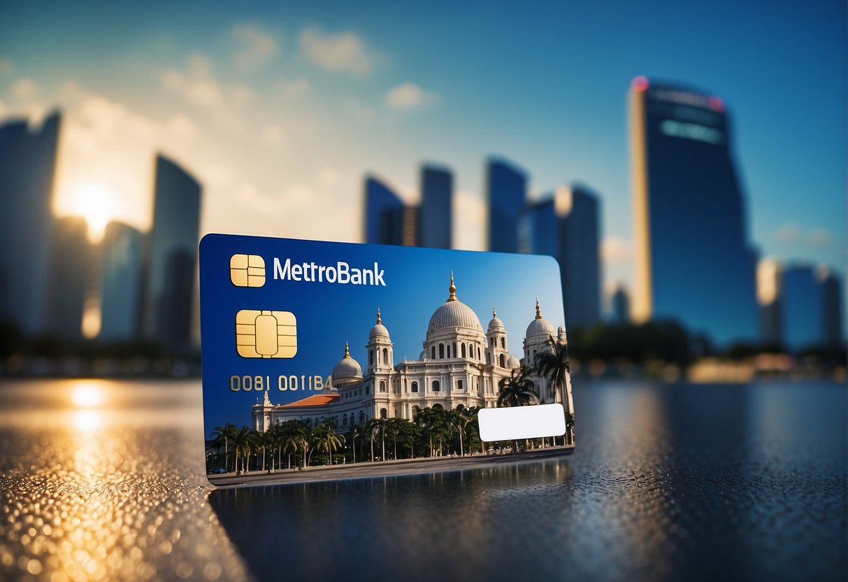 A luxurious travel scene with a Metrobank Travel Platinum Visa card displayed alongside iconic landmarks of Singapore