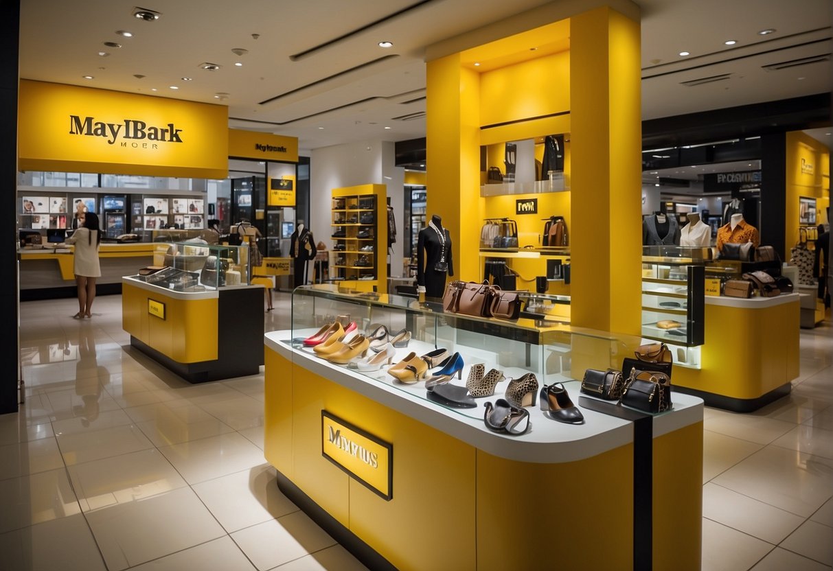 A vibrant display of fashion items and promotional signage at a Maybank branch in Singapore, with customers browsing and engaging in retail therapy