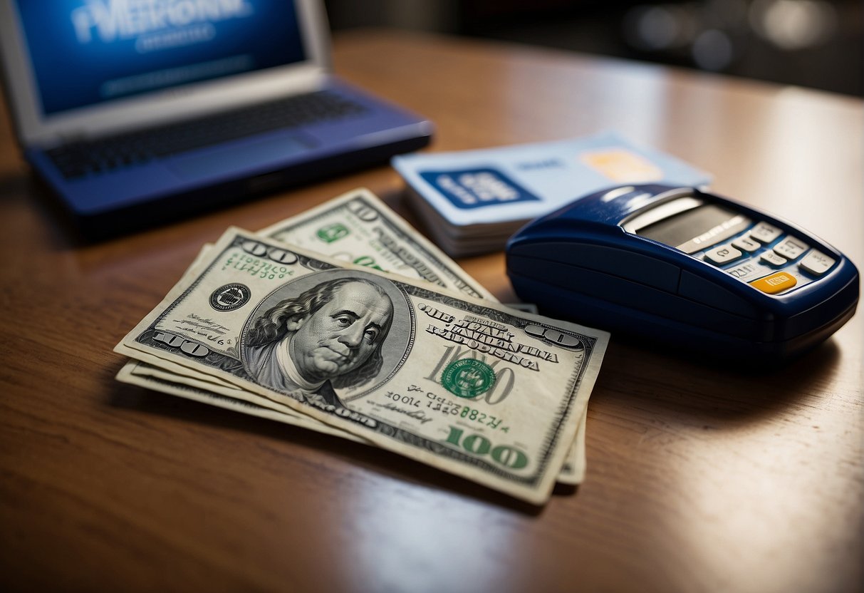 A stack of cash and a piggy bank sit next to a Metrobank Travel Platinum Visa card, with promotional signs for savings and benefits in the background