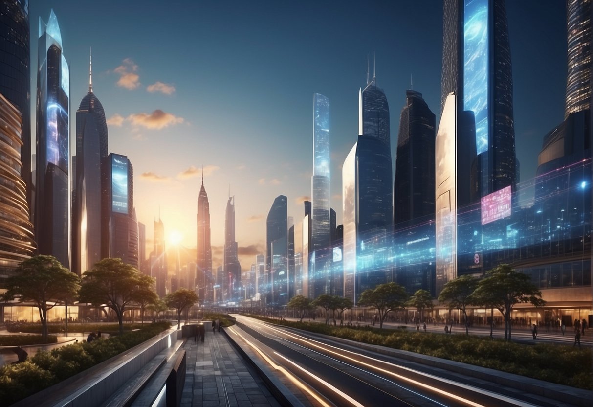 A futuristic cityscape with personalized holographic ads and data streams