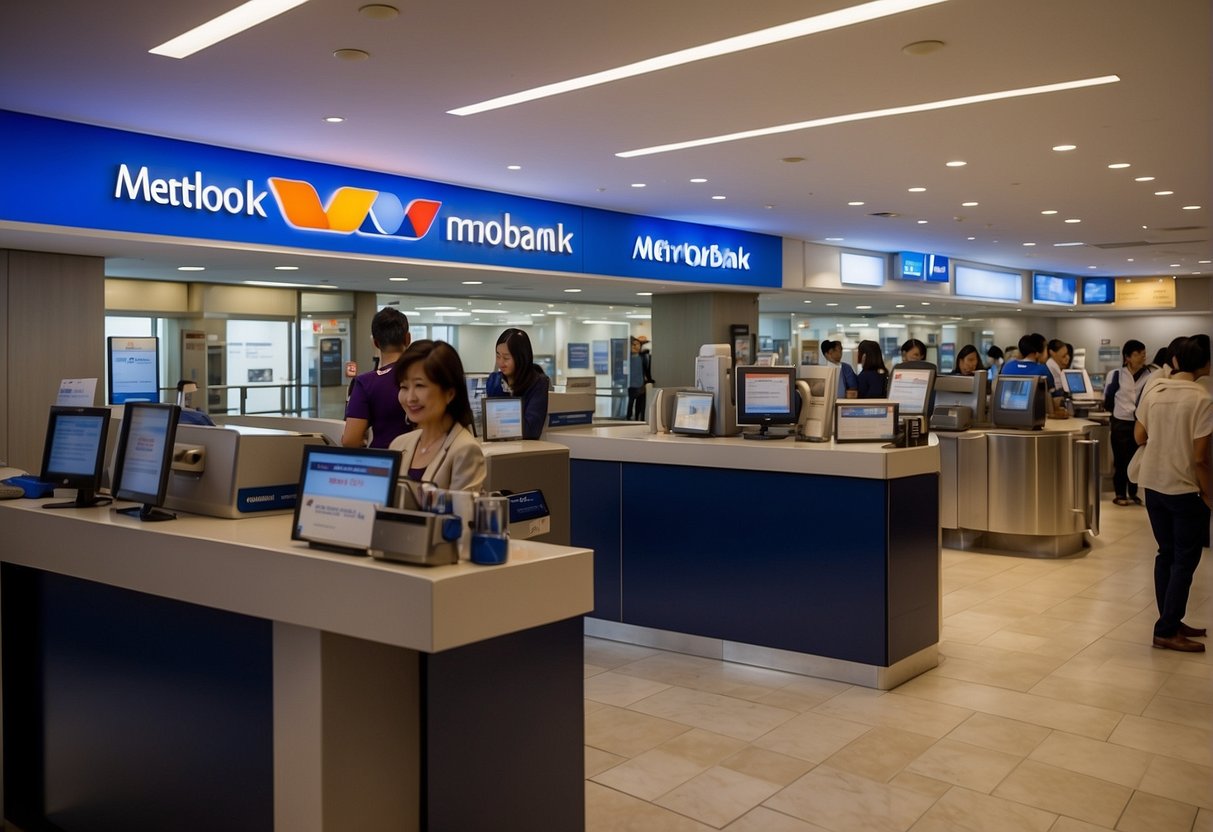 A crowded metrobank branch with a prominent "Travel Platinum Visa Promotions" display. Customers approach the counter with inquiries