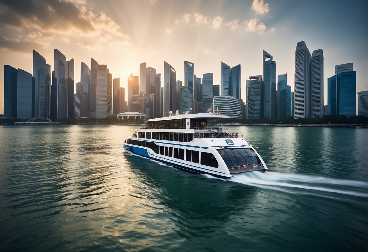 A sleek ferry speeds across the sparkling waters of Singapore, its vibrant promotional banners fluttering in the breeze