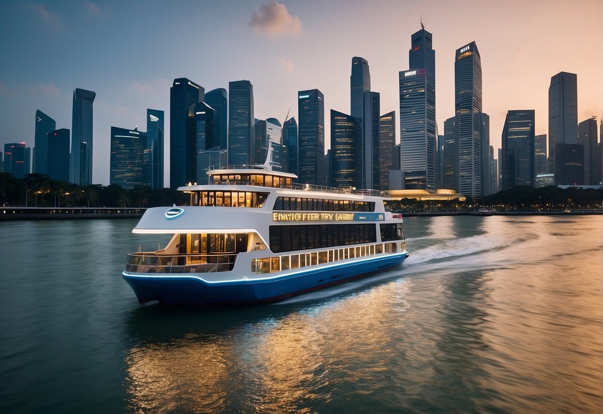 A sleek, modern ferry glides through the sparkling waters, adorned with bold promotional banners showcasing enticing offers. The city skyline looms in the background, with the iconic landmarks of Singapore visible in the distance