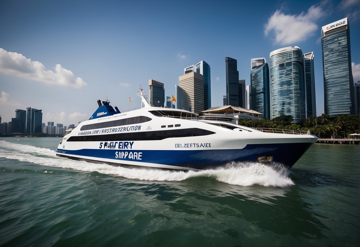 The majestic fast ferry sails through the sparkling waters of Singapore, with a schedule displayed prominently on board. The details of the promotions are highlighted, drawing the attention of passengers