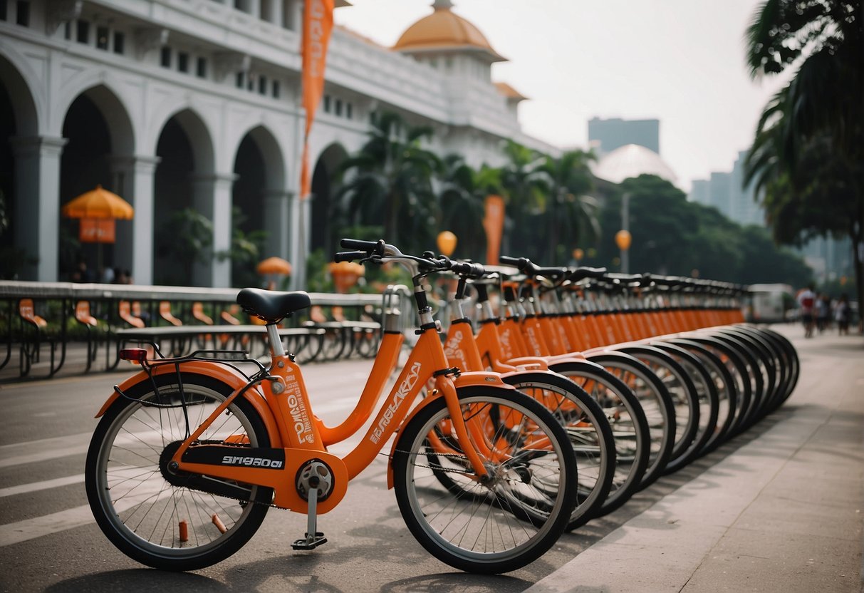 Brightly colored Mobike bicycles lined up in front of iconic Singapore landmarks, with promotional banners and signs displayed nearby