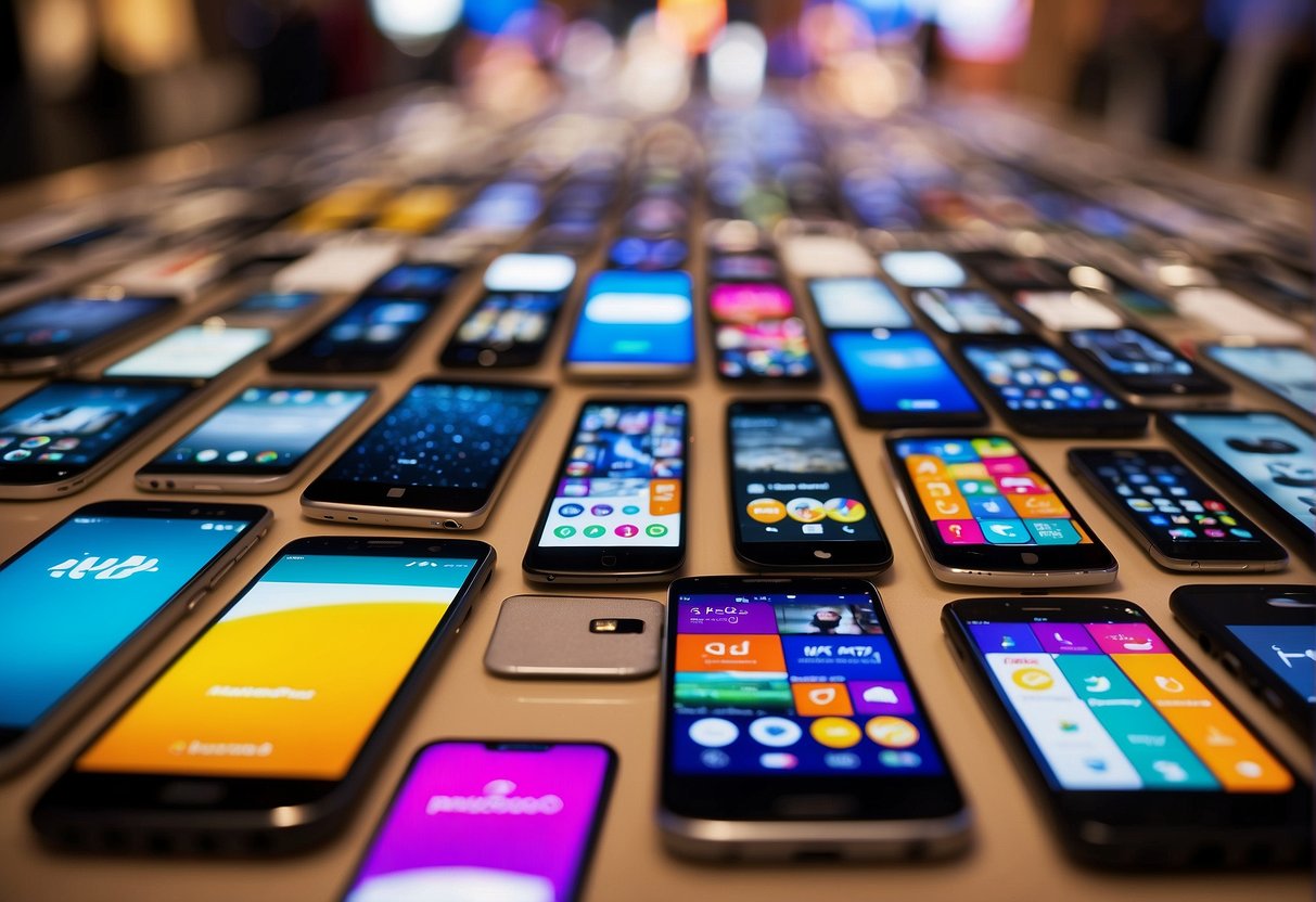A colorful display of mobile phones with promotional banners and signs, surrounded by excited customers and sales representatives