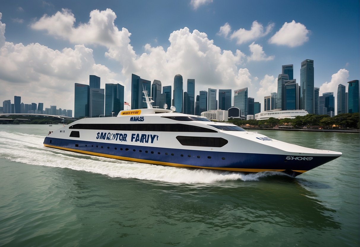The majestic fast ferry sails through the Singapore harbor, with promotional banners displayed prominently on its exterior