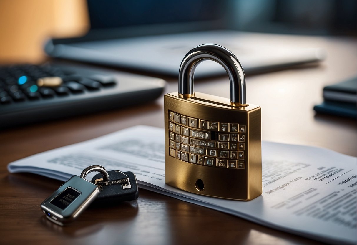 A lock icon surrounded by shields, with a data protection policy document in the background