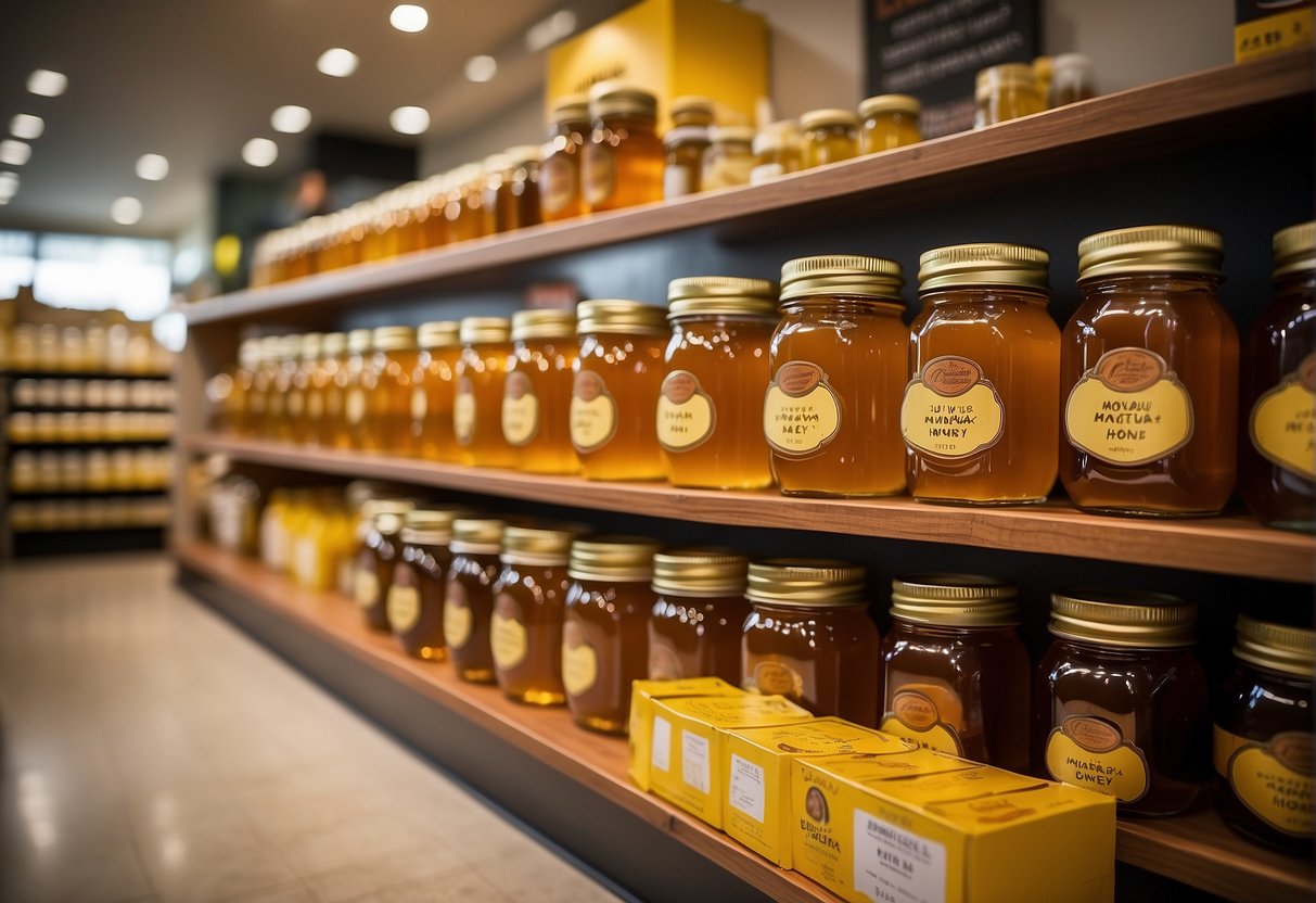 A display of Manuka honey jars with promotional signs in a Singaporean store
