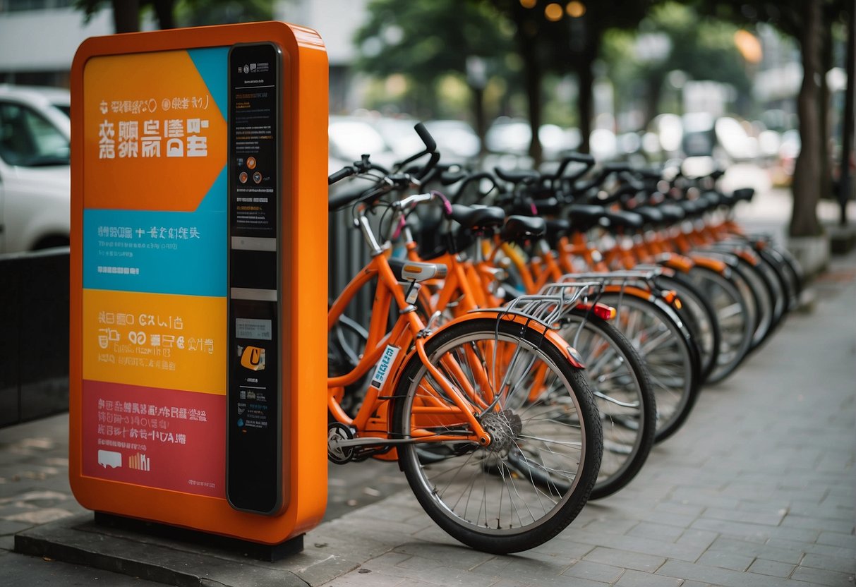 A colorful bike parked next to a sign with "Frequently Asked Questions" and "Mobike promotions Singapore" displayed prominently