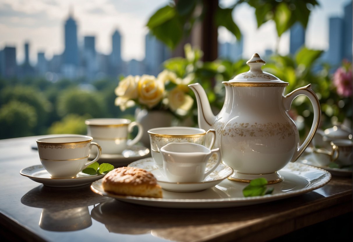 A table set with elegant teapots, tiered trays of pastries, and delicate teacups, surrounded by lush greenery and the city skyline