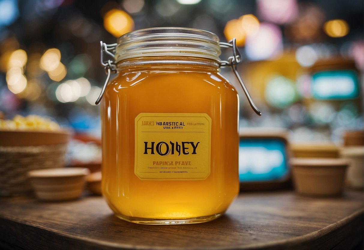 A jar of honey surrounded by colorful promotional banners and signs in a bustling Singapore market