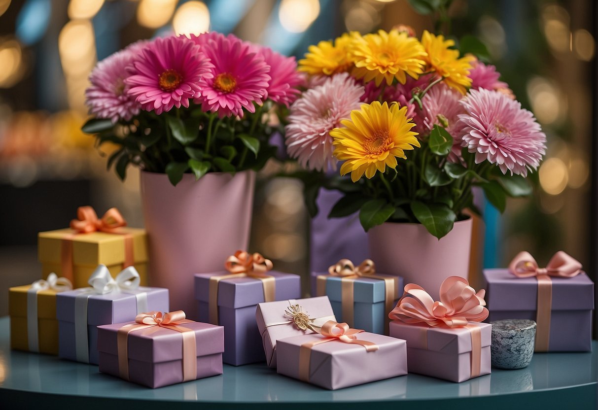 A vibrant display of Mother's Day promotions in Singapore, featuring colorful flowers, elegant gift boxes, and festive banners