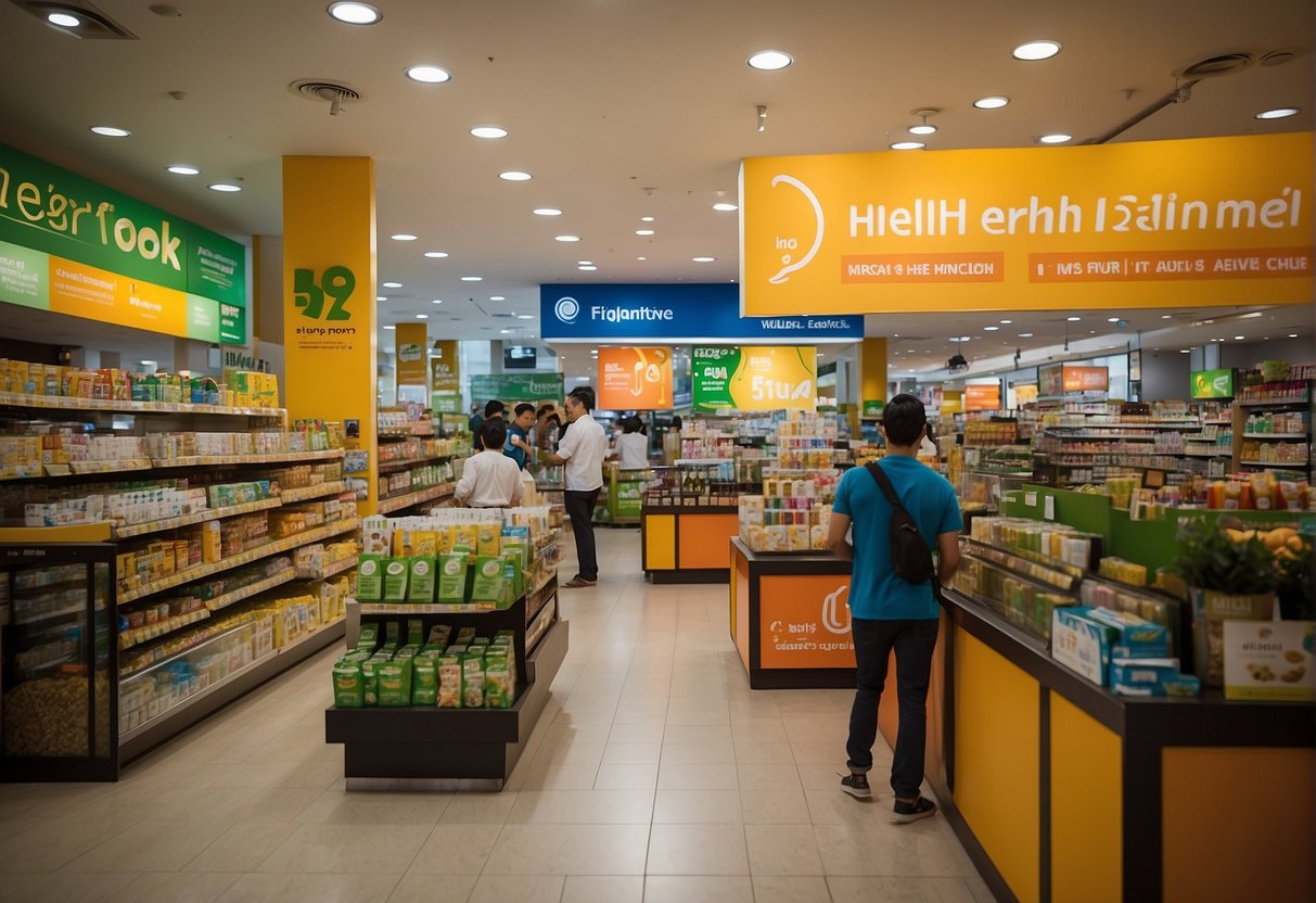 A vibrant iHerb promotion in Singapore, with colorful banners and excited shoppers browsing through discounted health and wellness products