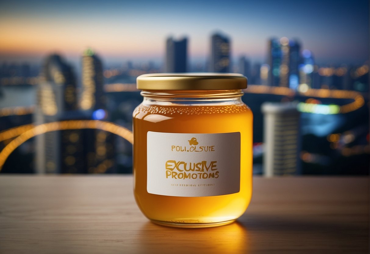 A jar of honey with the label "Exclusive 2024 Promotions" sits on a table, with the Singapore skyline in the background