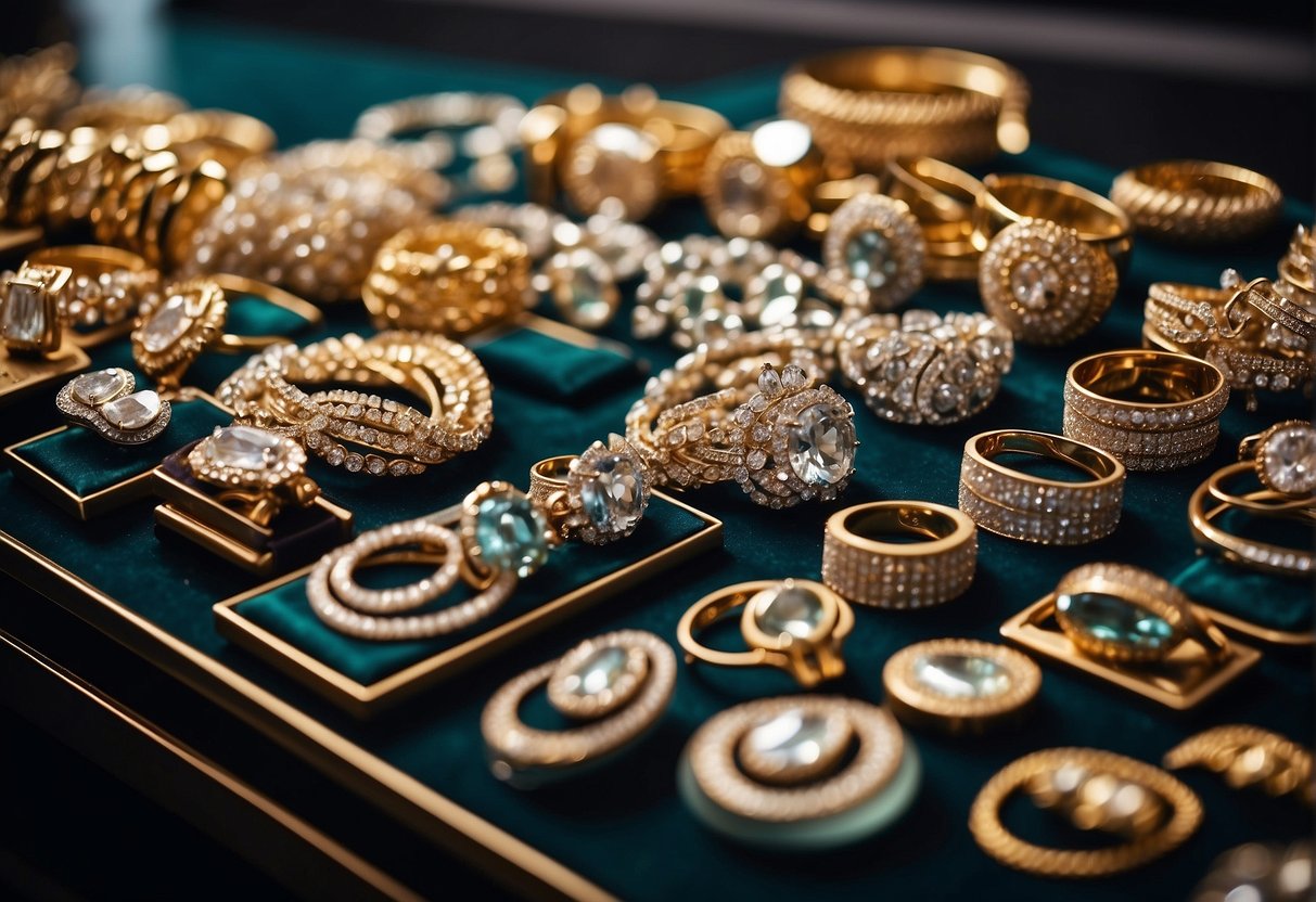 A glittering display of sparkling jewelry arranged on velvet trays at a luxurious boutique in Singapore
