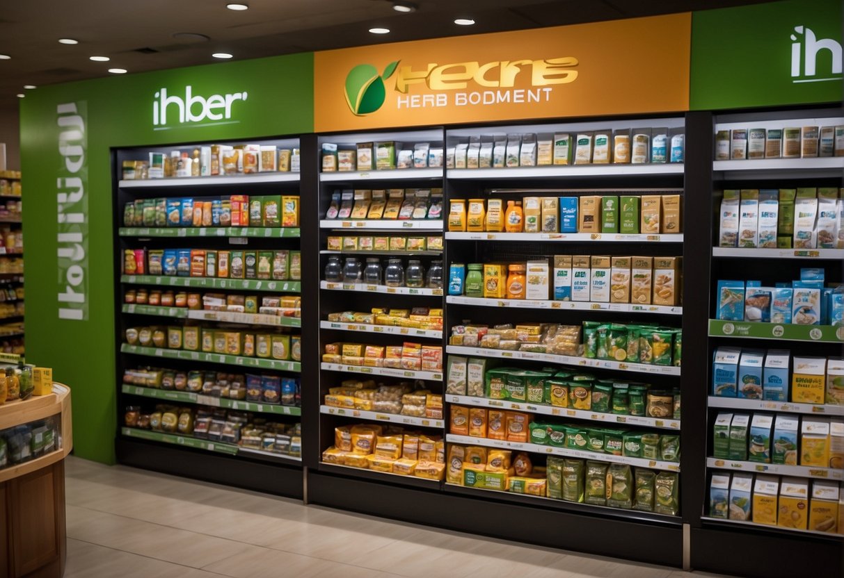 A vibrant display of health and wellness products, including supplements, vitamins, and organic snacks, with bold "iherb promotions singapore" signage