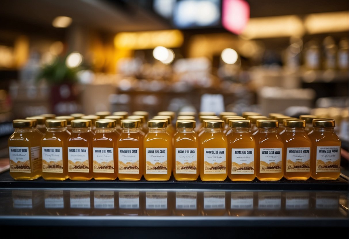 A table displaying various Manuka honey products with promotional signs in a bustling Singapore market