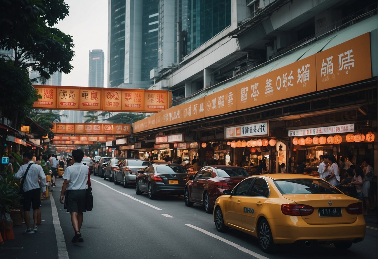 A bustling city street in Singapore with bright, colorful signs and banners promoting Iora, showcasing the energetic atmosphere of the city