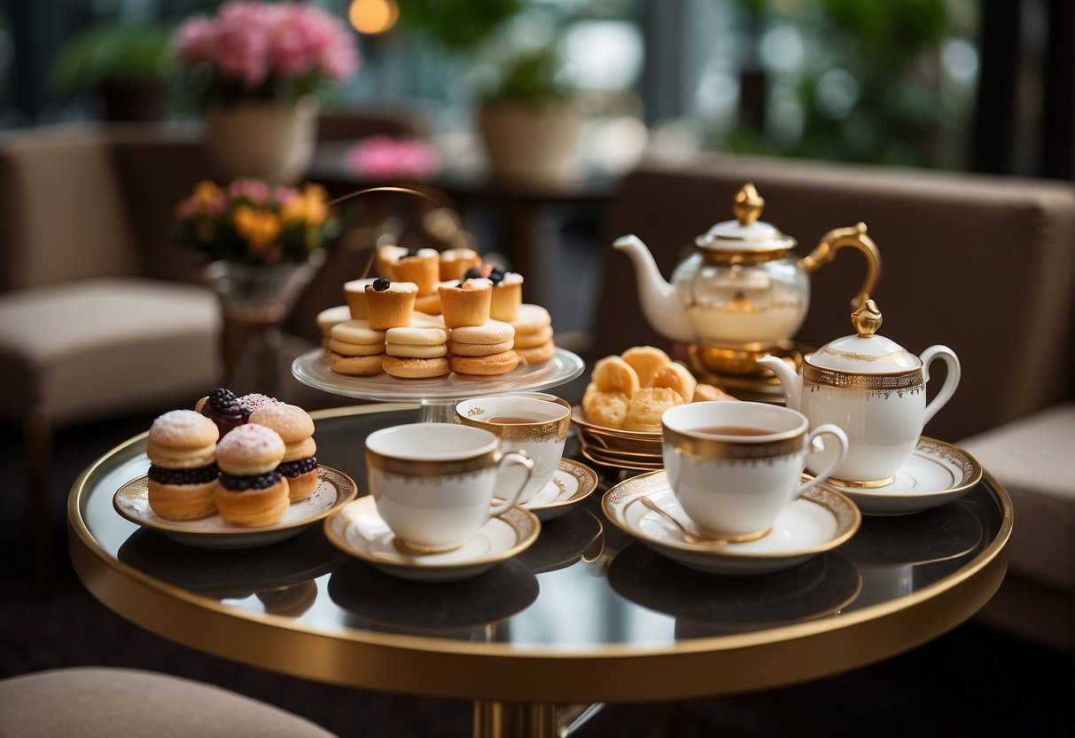 A table set with elegant teacups, tiered trays of pastries, and pots of steaming tea, surrounded by luxurious decor and a sign advertising high tea promotions in Singapore