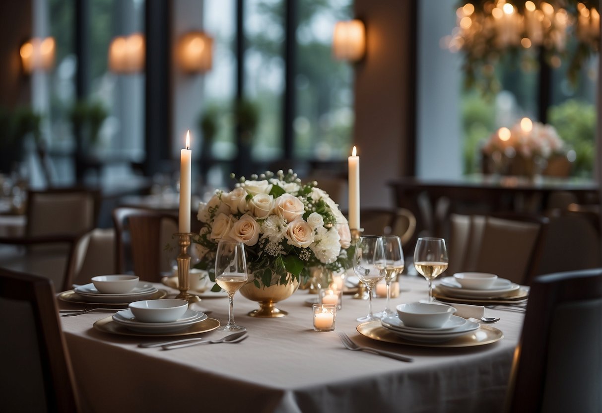 A beautifully set dining table with elegant tableware and a vase of fresh flowers, surrounded by soft ambient lighting and a backdrop of a luxurious restaurant setting
