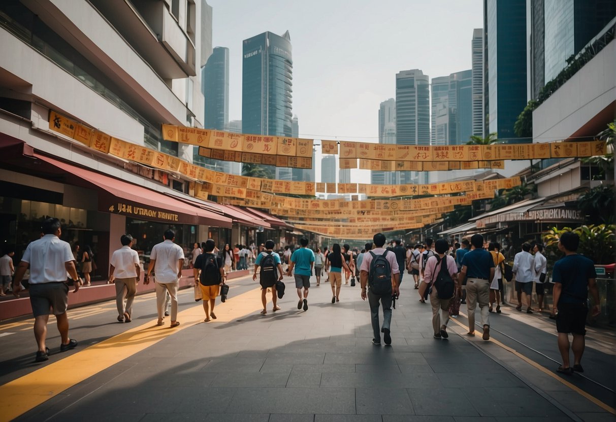 A bustling Singapore street lined with colorful Jabra promotional banners and signs, drawing in passersby with enticing offers and sleek headphone designs