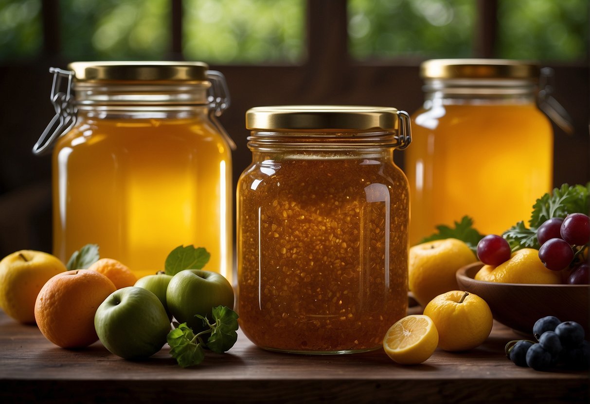 A jar of honey surrounded by colorful fruits and vegetables, with a glowing halo effect to depict its superfood status