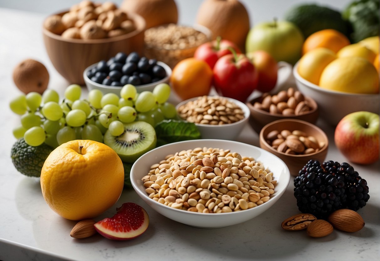 A variety of colorful fruits, vegetables, grains, and nuts arranged on a clean, white table. A plant-based cookbook sits open, with a measuring cup and spoon nearby