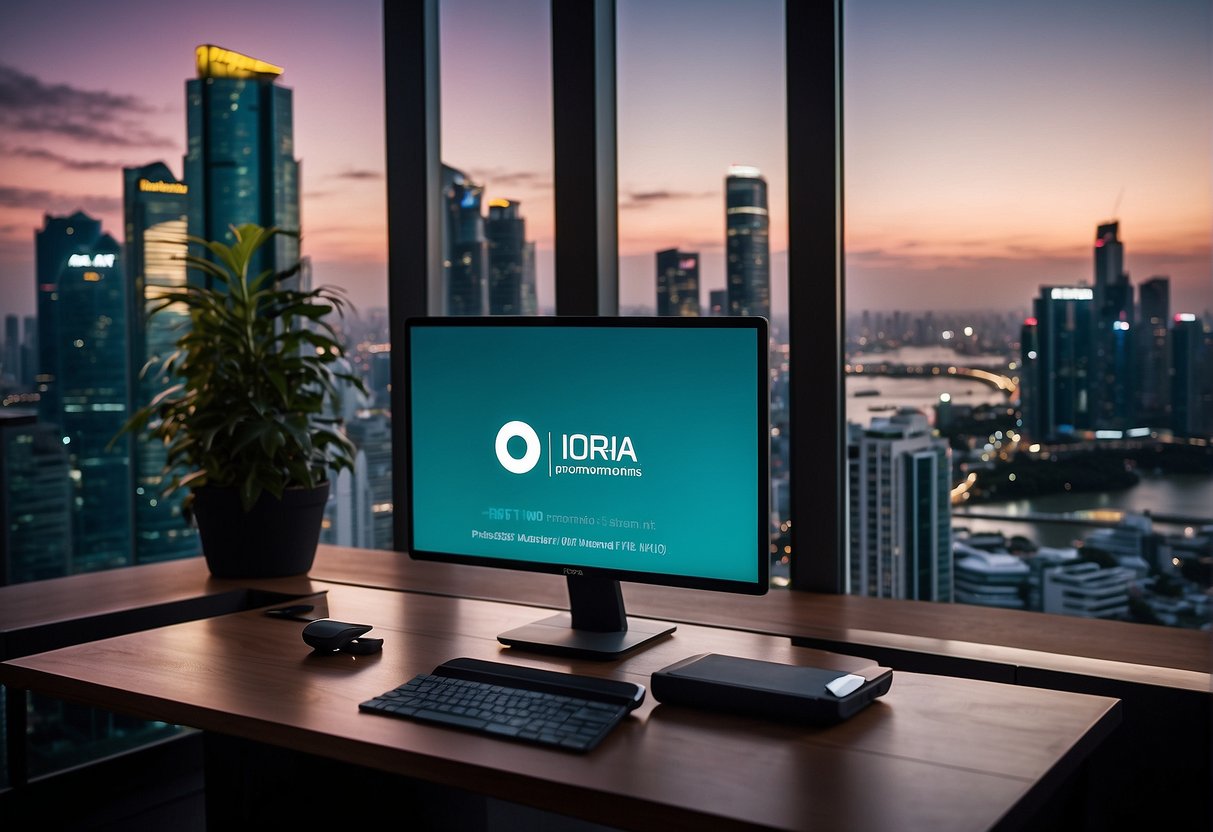 A computer screen displaying exclusive iora promotions with the Singapore skyline in the background