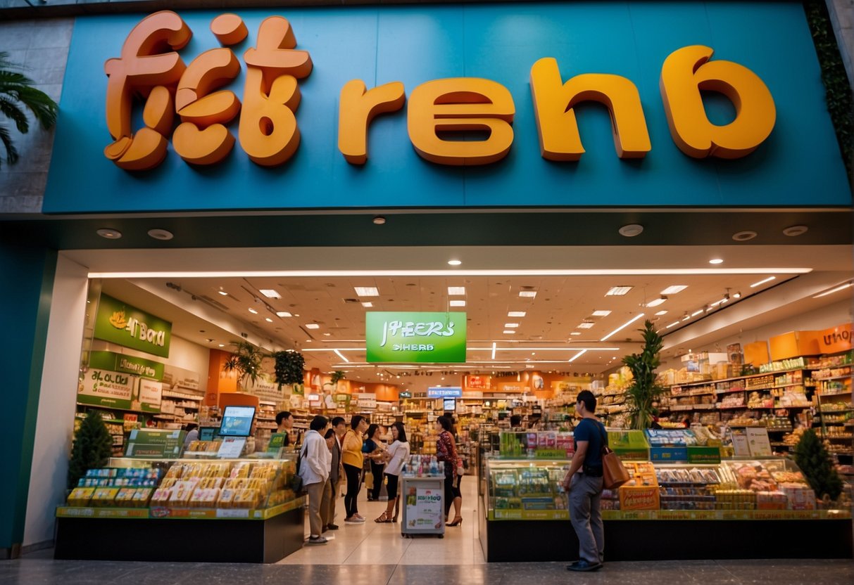 A vibrant iherb promotions sign in Singapore, surrounded by curious shoppers and colorful products