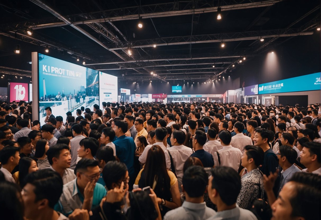 A crowd of people at a kdk fan promotion event in Singapore. Booths, banners, and promotional materials are visible
