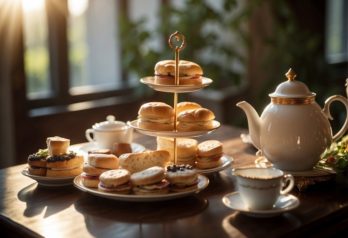 A table set with tiered trays of sandwiches, scones, and pastries, accompanied by a steaming pot of tea, in an elegant, sunlit dining room