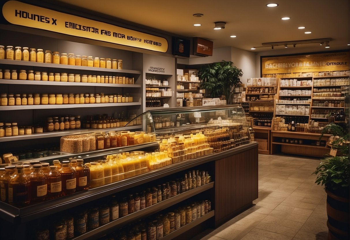 A bustling store with shelves of honey products, a prominent "Frequently Asked Questions" display, and a vibrant "Promotions Singapore" sign