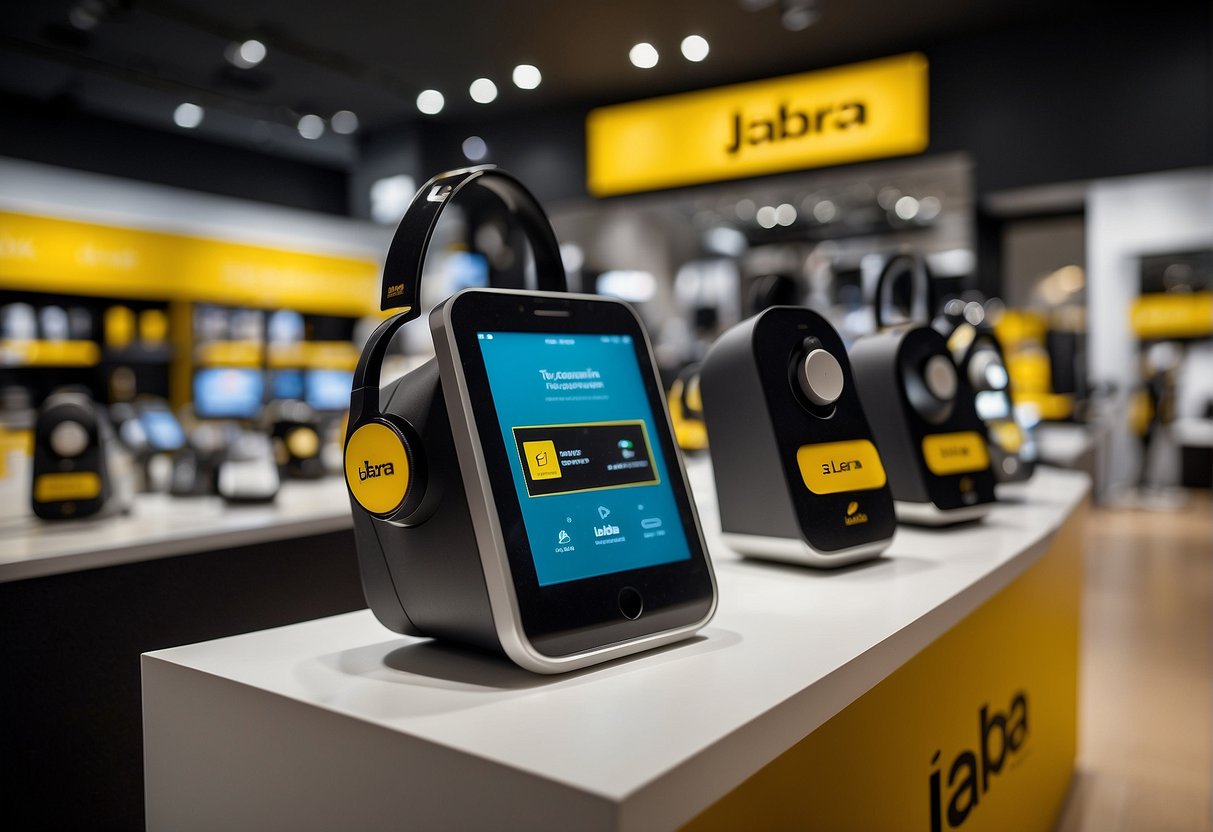 A display of Jabra products with promotional banners and discounts at a tech store in Singapore