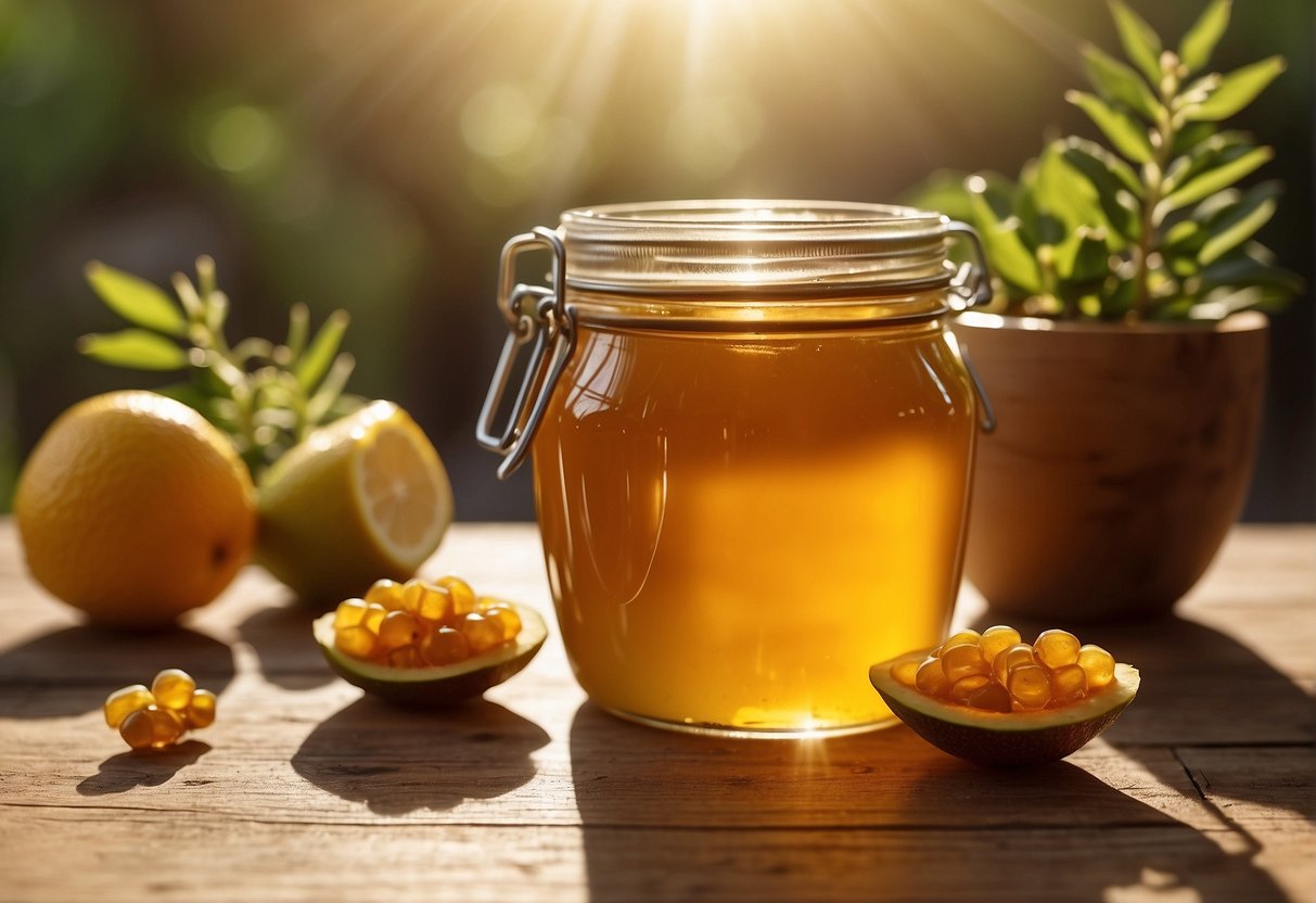 A jar of manuka honey sits on a wooden table, surrounded by fresh fruits and herbs. A ray of sunlight shines on the jar, highlighting its golden color