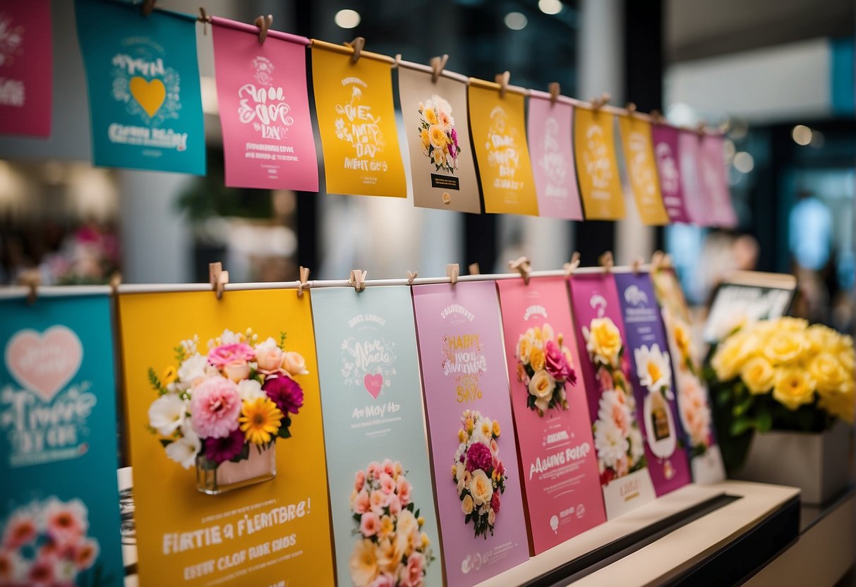 A festive display of Mother's Day promotions in Singapore, featuring colorful banners and enticing offers