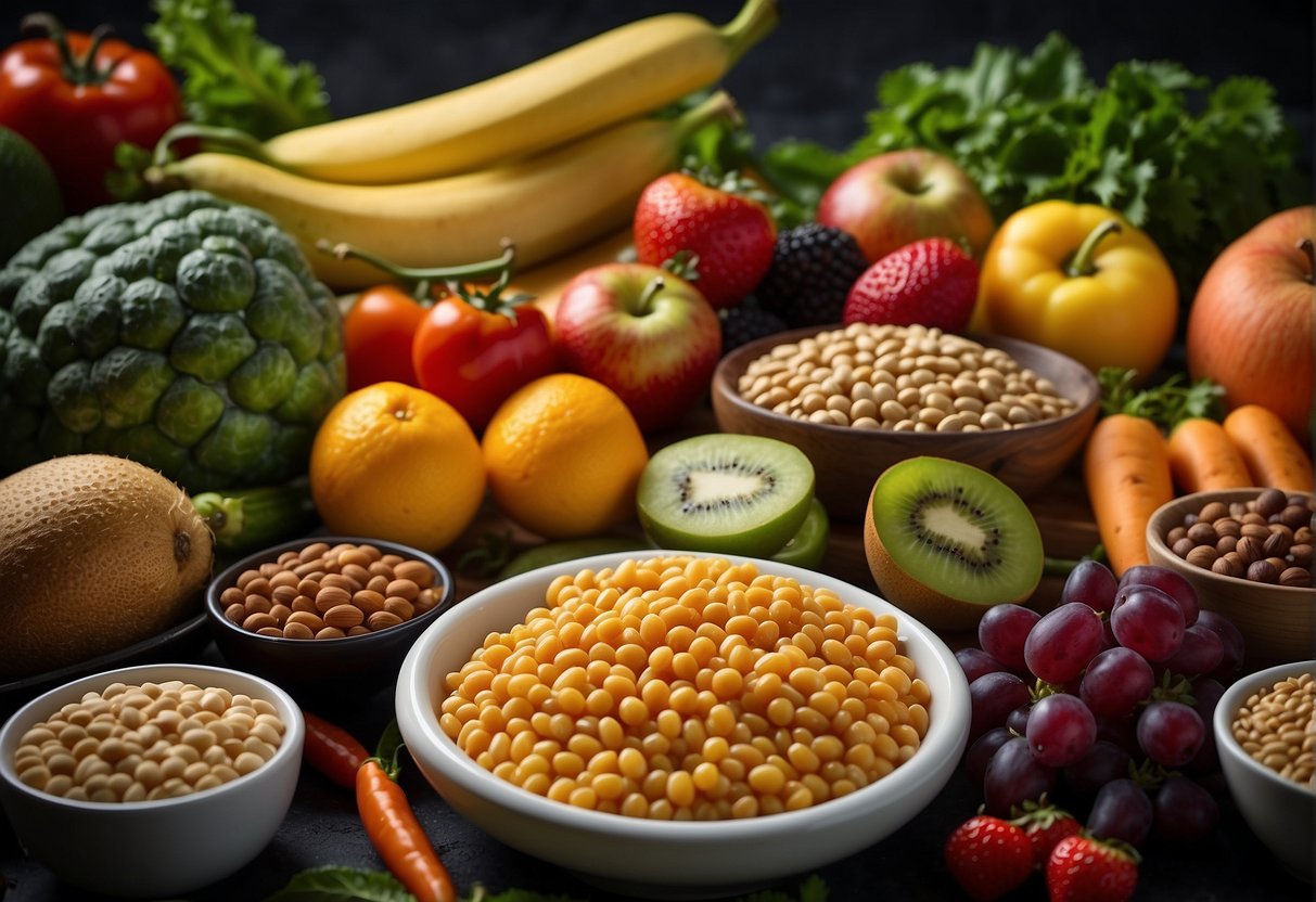 A variety of fresh fruits, vegetables, grains, and legumes arranged in a colorful and appealing display, showcasing the diverse options available in a vegan diet plan
