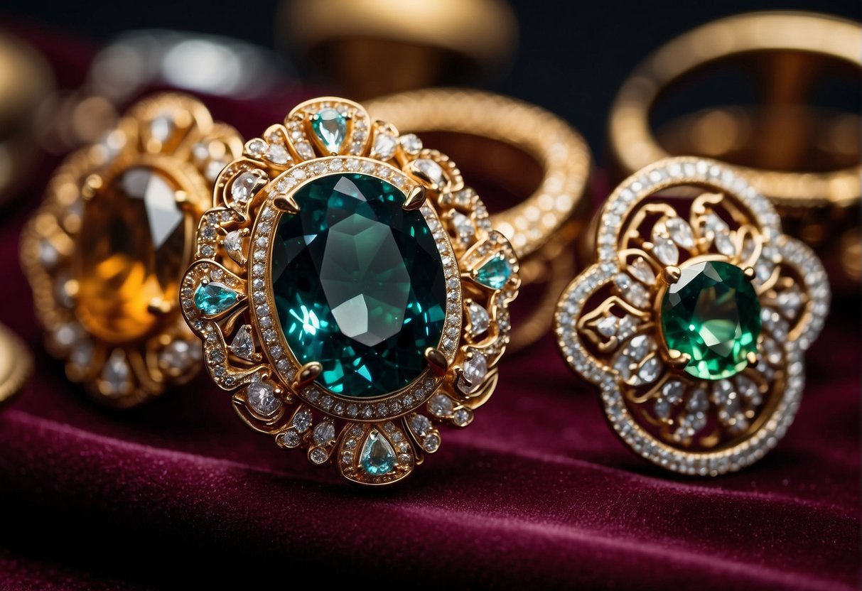 Shimmering jewelry displayed on velvet stands, with bright spotlights highlighting each piece. Sparkling gemstones and intricate designs catch the eye
