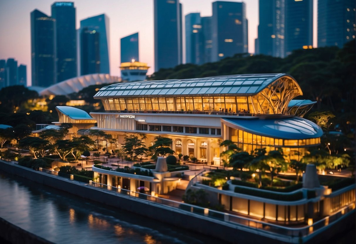 A vibrant cityscape with iconic Singapore landmarks and a prominent display of Myprotein promotions