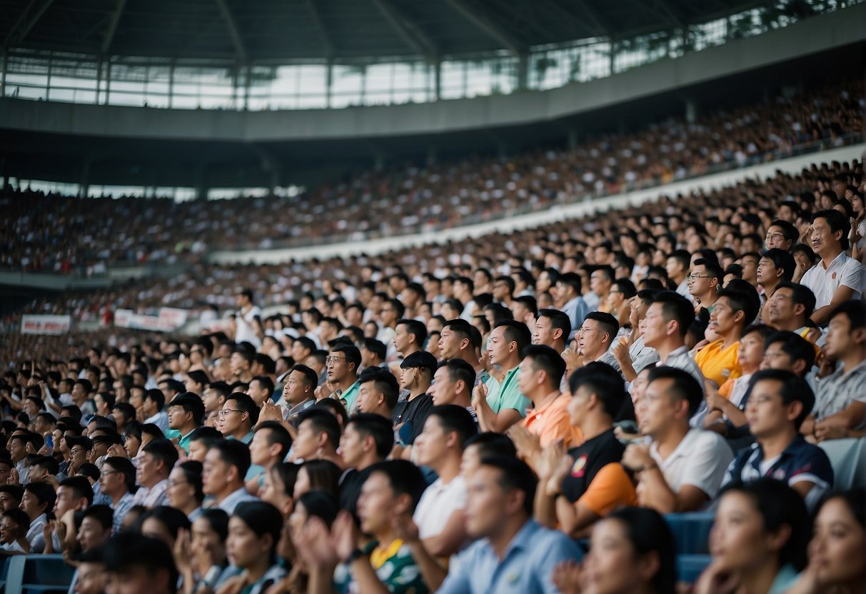A crowded stadium with KDK fans waving banners and cheering for exclusive 2024 promotions in Singapore