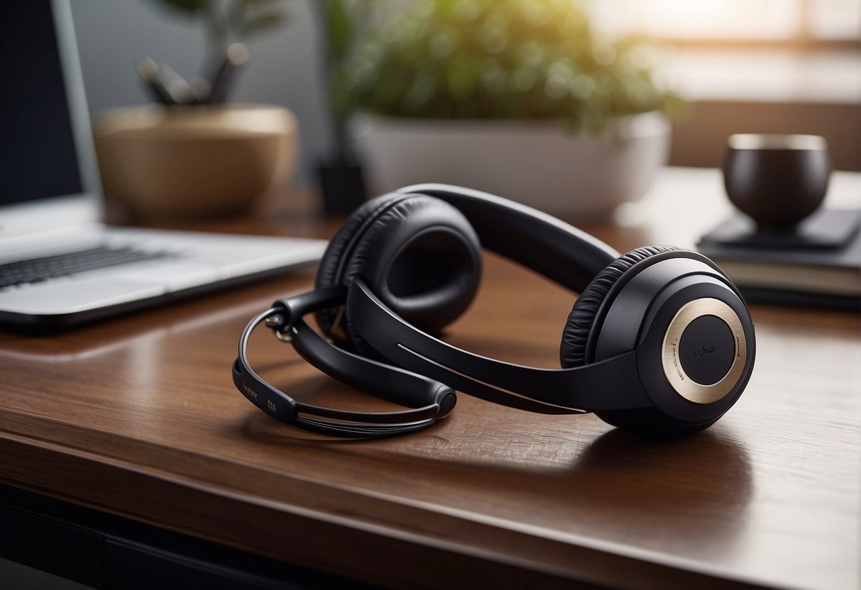 A sleek Jabra headset sits on a modern desk with stylish accessories nearby, showcasing the perfect blend of convenience and sophistication
