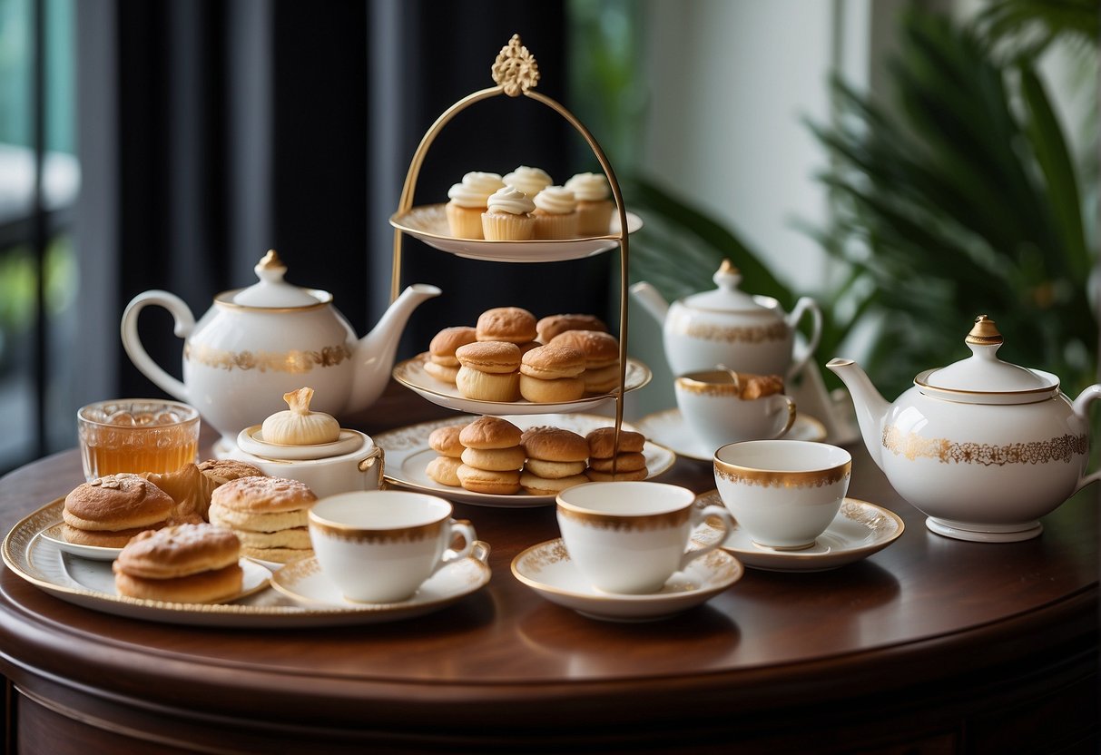 A table set with elegant teacups, tiered trays of pastries, and a pot of steaming tea. A banner reads "Frequently Asked Questions High Tea Promotions Singapore."