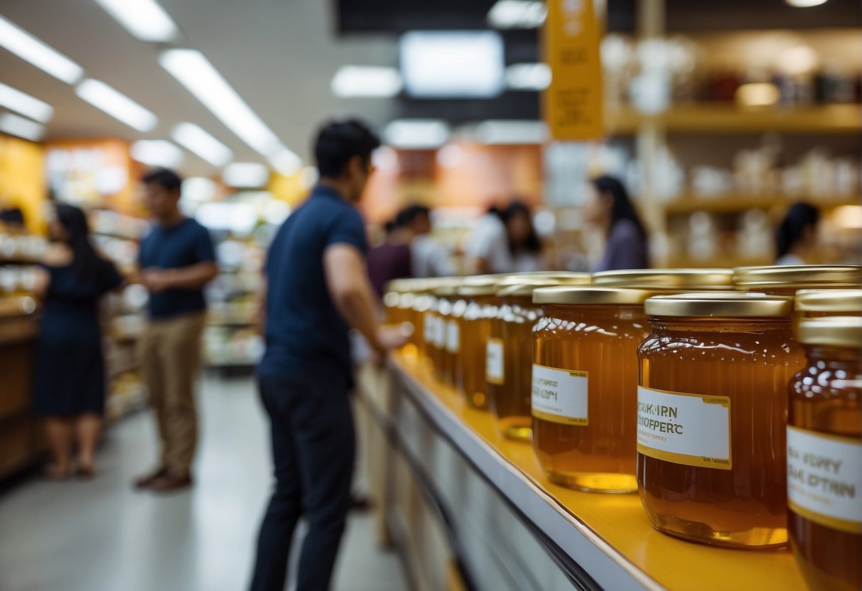 A table with jars of manuka honey, promotional signs, and a queue of customers in a Singaporean store
