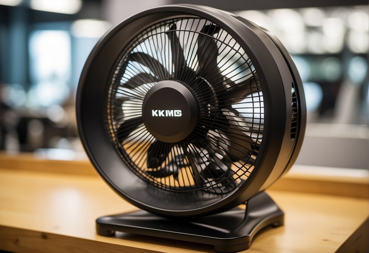 A brightly lit KDK fan showroom with promotional signs and discounts displayed. Multiple fan models showcased with price tags and details