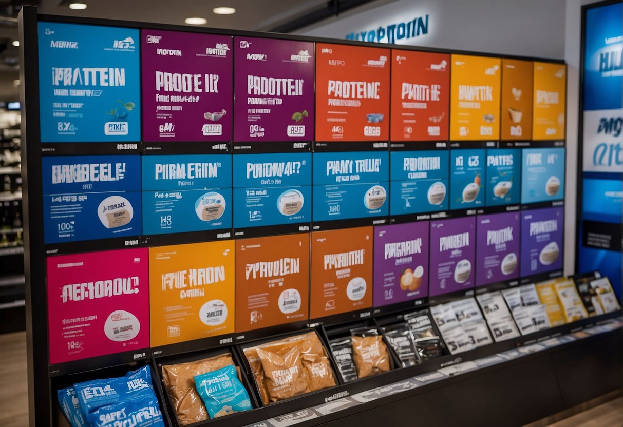 A brightly lit display of 2024 Protein Promotions at myprotein promotions in Singapore. The products are arranged neatly with vibrant, eye-catching signage