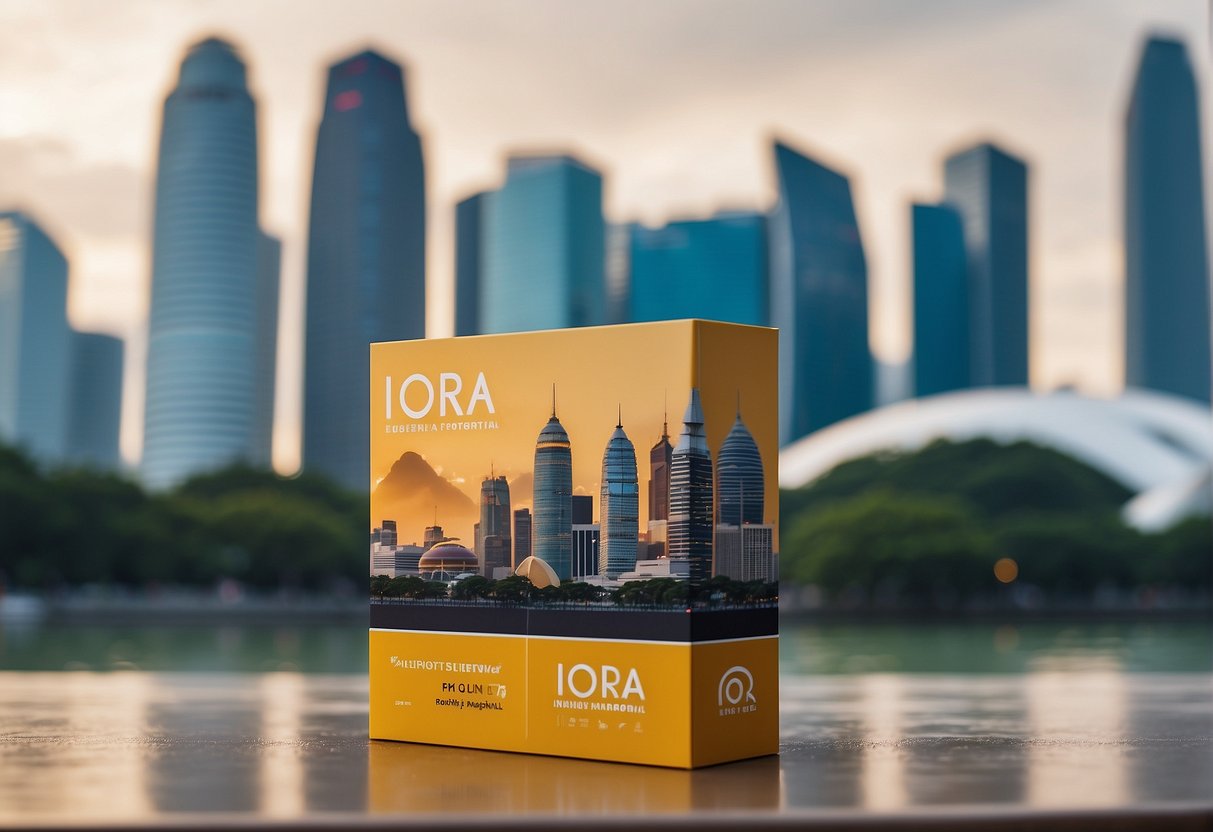 A stack of promotional materials with the logo of iora, set against a backdrop of iconic Singapore landmarks